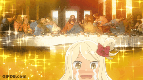 A Cartoon Girl Is Crying In Front Of A Painting Of Jesus GIF