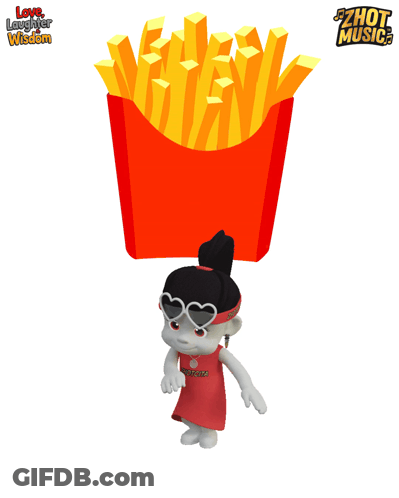 A Cartoon Girl Is Dancing In Front Of A French Fries Box GIF