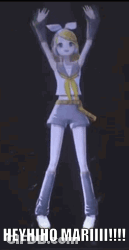 A Cartoon Girl Is Dancing With Her Arms In The Air And The Words `` Heyhiho Mariii !!! '' Below Her . GIF
