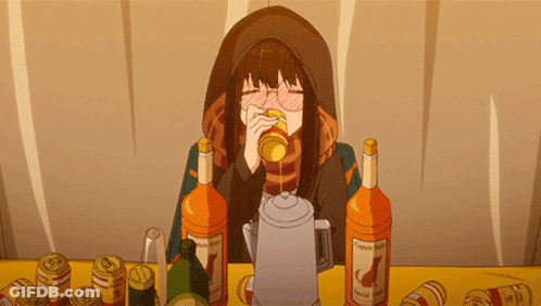 A Cartoon Girl Is Drinking From A Bottle That Says Captain Morgan GIF