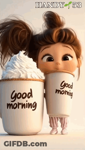 A Cartoon Girl Is Drinking From Two Cups That Say Good Morning GIF