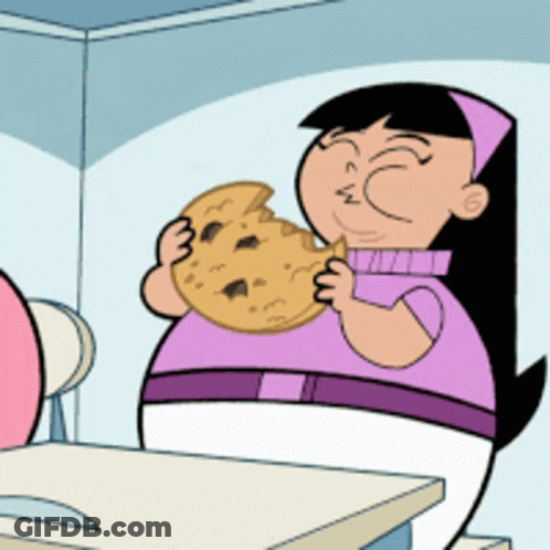 A Cartoon Girl Is Eating A Cookie With A Slice Missing GIF