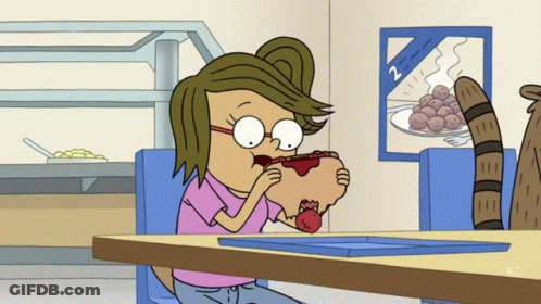 A Cartoon Girl Is Eating A Hot Dog In Front Of A Sign That Says 2 For $ 2.00 GIF