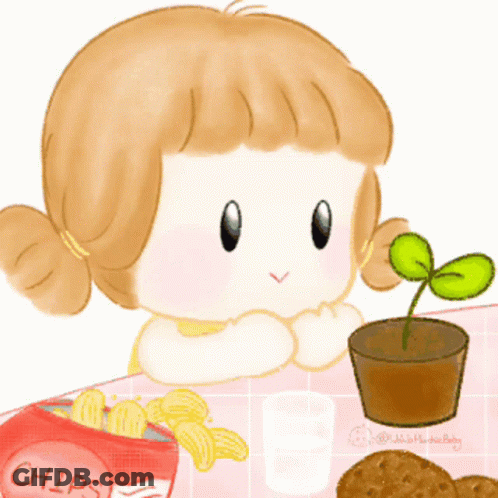 A Cartoon Girl Is Eating Chips Next To A Potted Plant GIF