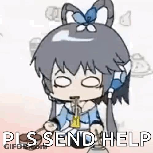 A Cartoon Girl Is Eating Noodles With A Straw And The Words `` Pls Send Help '' . GIF
