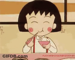A Cartoon Girl Is Eating With Chopsticks From A Pink Bowl GIF