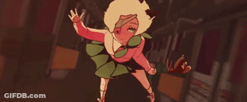 A Cartoon Girl Is Flying Through The Air While Holding A Butterfly . GIF