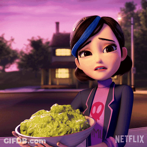 A Cartoon Girl Is Holding A Bowl Of Guacamole With The Netflix Logo In The Corner GIF