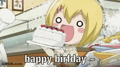 A Cartoon Girl Is Holding A Cake And Saying Happy Birthday GIF