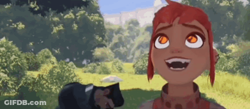 A Cartoon Girl Is Holding A Camera And Smiling In A Field . GIF