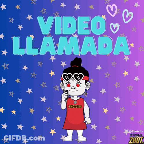 A Cartoon Girl Is Holding A Cell Phone In Front Of A Video Llamada Sign GIF