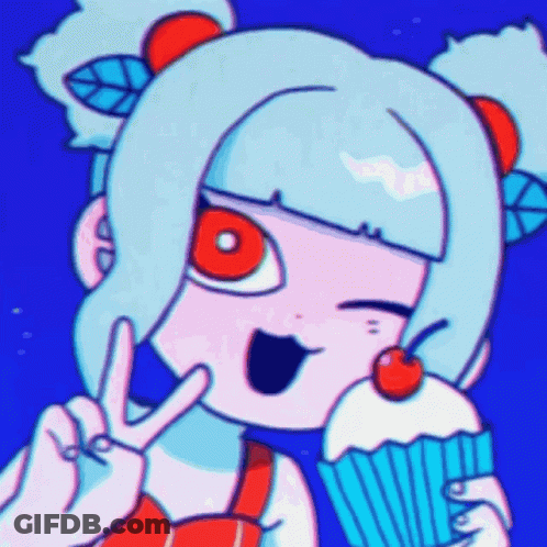 A Cartoon Girl Is Holding A Cupcake With A Cherry On It And Making A Peace Sign GIF