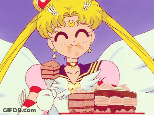 A Cartoon Girl Is Holding A Fork And A Tray Of Cake GIF