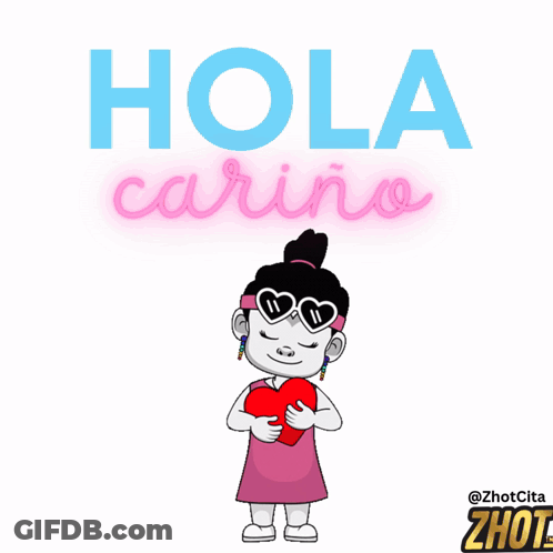 A Cartoon Girl Is Holding A Heart With The Words Hola Carino Above Her GIF