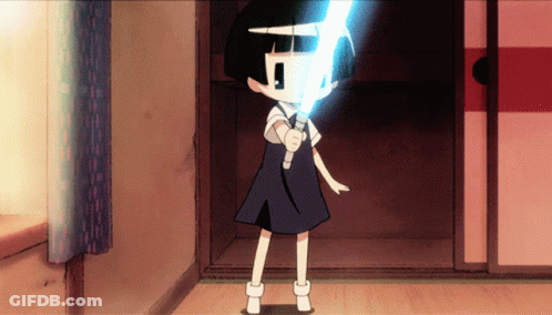 A Cartoon Girl Is Holding A Light Saber In Her Hand GIF