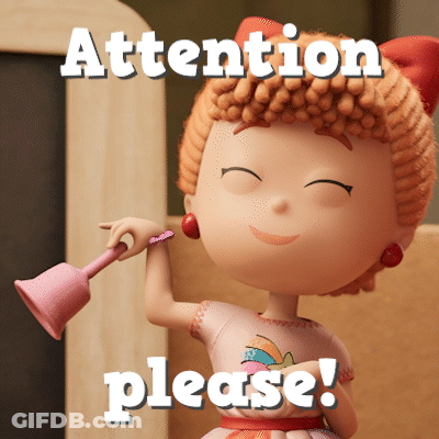 A Cartoon Girl Is Holding A Pink Bell And The Words Attention Please Are Above Her GIF