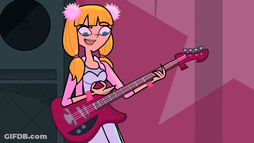 A Cartoon Girl Is Holding A Pink Guitar And Smiling GIF