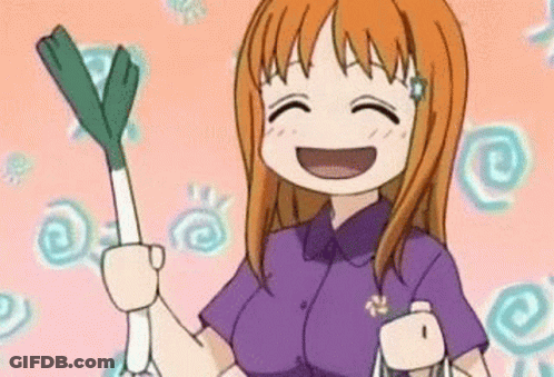 A Cartoon Girl Is Holding A Stick Of Leeks In Her Hand . GIF