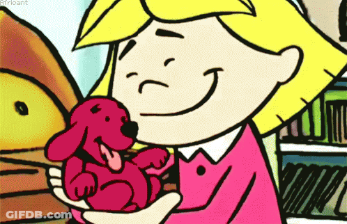 A Cartoon Girl Is Holding A Stuffed Red Dog In Her Arms GIF