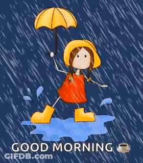 A Cartoon Girl Is Holding An Umbrella And Jumping In The Rain . GIF