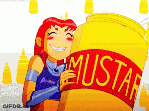 A Cartoon Girl Is Hugging A Jar Of Mustard . GIF