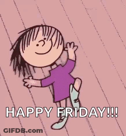 A Cartoon Girl Is Jumping In The Air With The Words `` Happy Friday '' Written Below Her . GIF