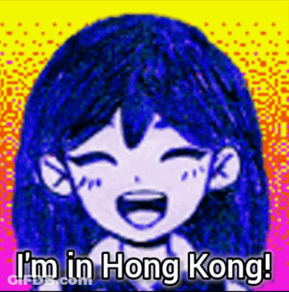 A Cartoon Girl Is Laughing And Saying `` I 'M In Hong Kong ! '' GIF