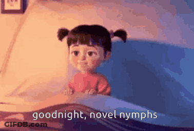 A Cartoon Girl Is Laying In A Bed With The Words `` Goodnight , Novel Nymphs '' Written On The Bottom . GIF