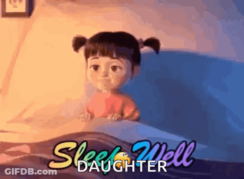 A Cartoon Girl Is Laying In A Bed With The Words Sleep Well Daughter Written On The Bottom . GIF
