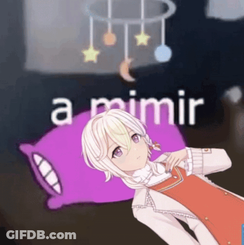 A Cartoon Girl Is Laying On A Purple Pillow With The Words " A Mimir " Behind Her GIF