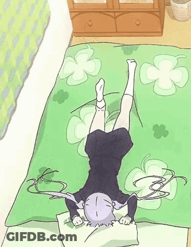 A Cartoon Girl Is Laying On Her Back On A Bed With Her Legs Up . GIF