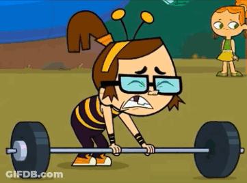 A Cartoon Girl Is Lifting A Barbell With A Bee On Her Head GIF