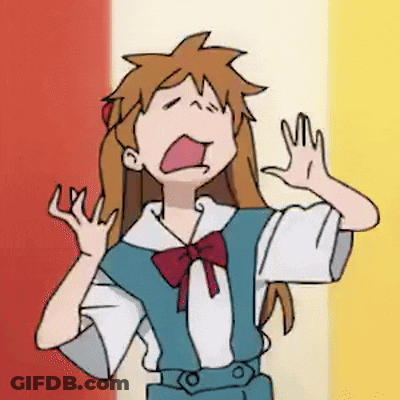 A Cartoon Girl Is Making A Funny Face With Her Mouth Open And Her Hands Up . GIF