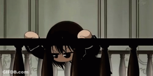 A Cartoon Girl Is Peeking Over A Railing And Making A Funny Face . GIF