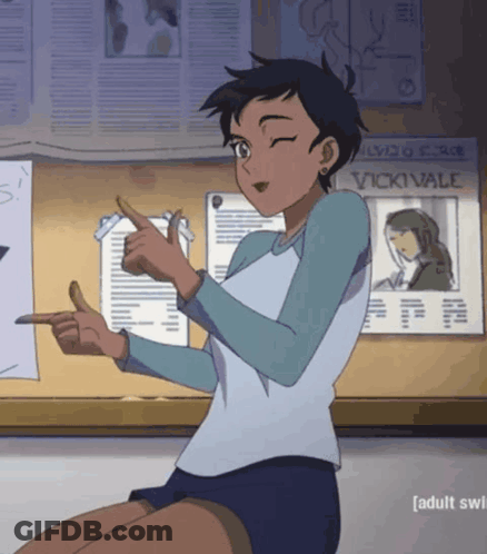 A Cartoon Girl Is Pointing At A Bulletin Board With A Picture Of Vicki Vale On It GIF