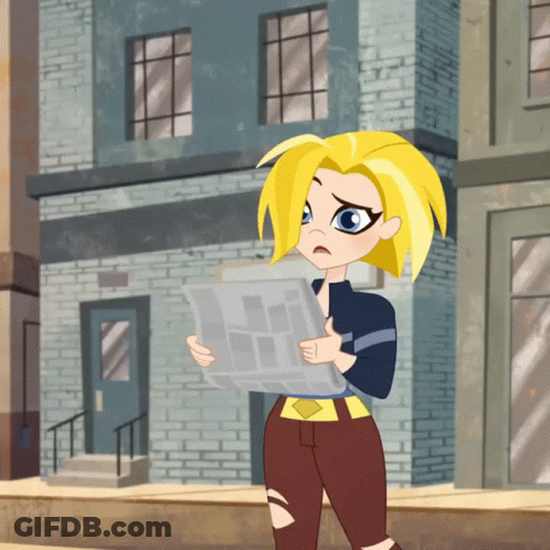A Cartoon Girl Is Reading A Newspaper In Front Of A Building GIF