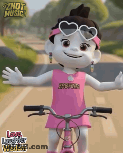 A Cartoon Girl Is Riding A Bike With The Words Love Laughter Wisdom On The Bottom GIF