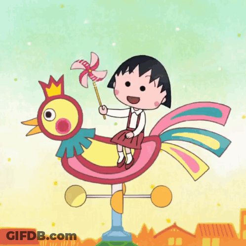 A Cartoon Girl Is Riding On The Back Of A Colorful Bird While Holding A Pinwheel GIF