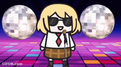 A Cartoon Girl Is Singing Into A Microphone While Wearing Sunglasses And Standing In Front Of Two Disco Balls . GIF