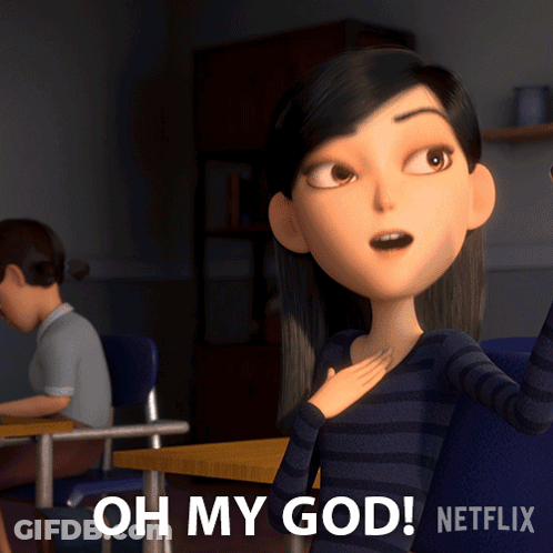 A Cartoon Girl Is Sitting At A Desk And Says " Oh My God " GIF