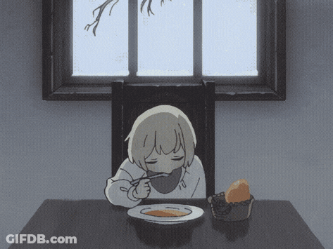 A Cartoon Girl Is Sitting At A Table Drinking Soup GIF