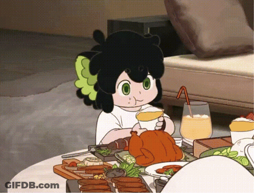 A Cartoon Girl Is Sitting At A Table Eating Food And Drinking A Drink GIF