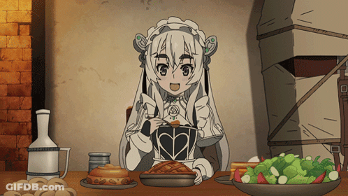 A Cartoon Girl Is Sitting At A Table With A Bowl Of Broccoli GIF