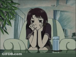 A Cartoon Girl Is Sitting At A Table With A Glass Of Water In Front Of Her . GIF