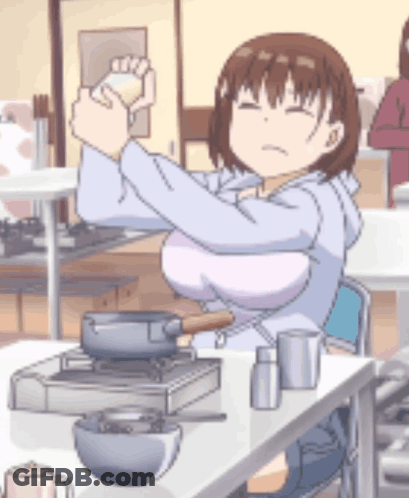 A Cartoon Girl Is Sitting At A Table With A Stove And A Bowl Of Food In Front Of Her . GIF