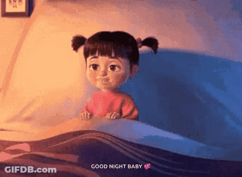 A Cartoon Girl Is Sitting In A Bed With The Words " Good Night Baby " Above Her GIF