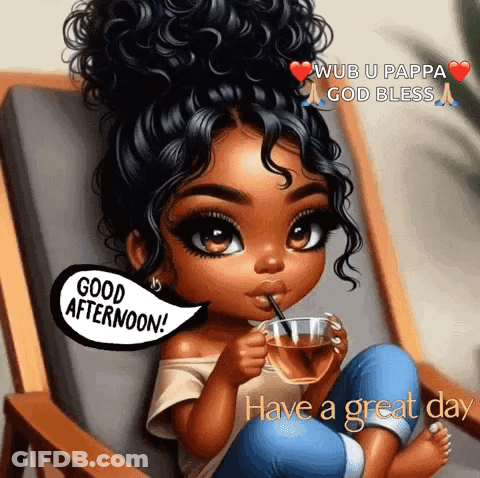 A Cartoon Girl Is Sitting In A Chair Drinking From A Cup . GIF