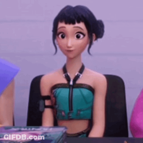 A Cartoon Girl Is Sitting In A Chair Wearing A Green Crop Top And A Black Tie . GIF