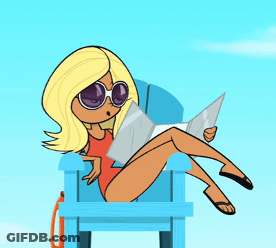 A Cartoon Girl Is Sitting In A Lifeguard Chair Reading A Magazine GIF