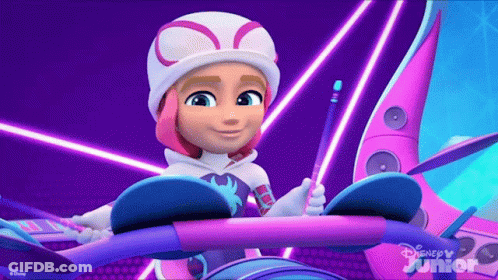 A Cartoon Girl Is Sitting In A Pink And Purple Vehicle Holding A Drum Stick . GIF